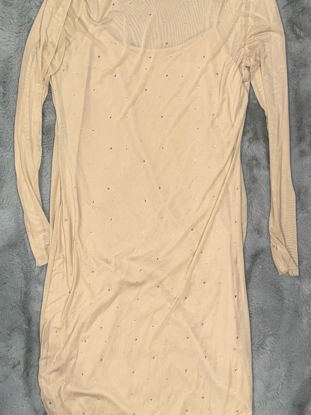 Beige Long-Sleeve Mesh Bodycon Dress with Rhinestone Accents